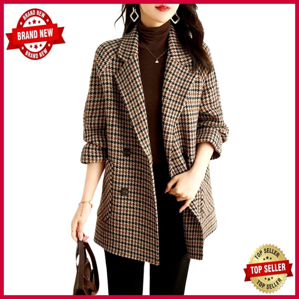 Wool Blend Pea Coat Double Breasted Notched Lapel Midi Blazer Jacket